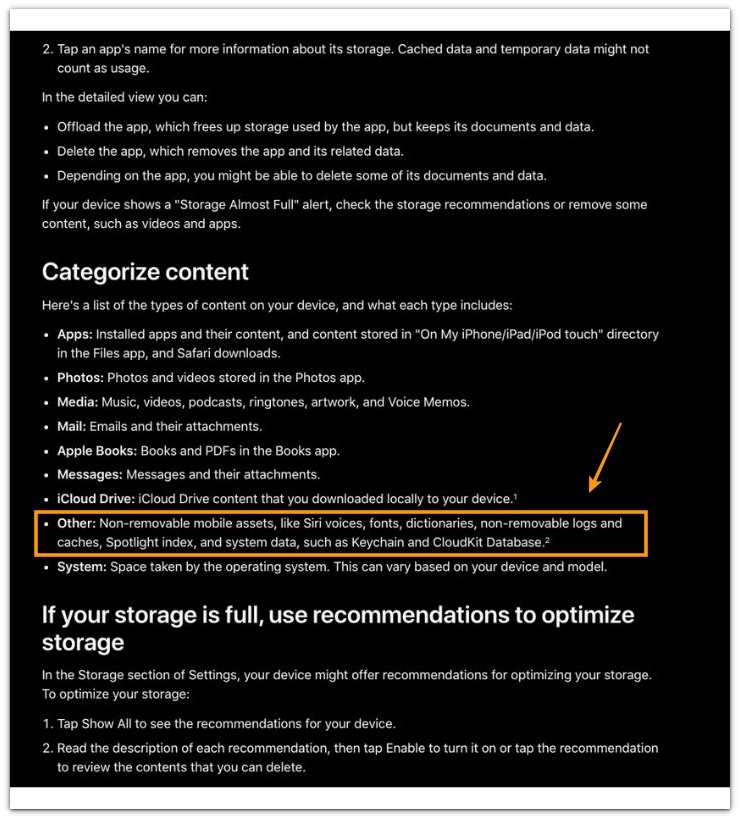 apple support page showing categorize content section where non-removable logs and caches are included under system data