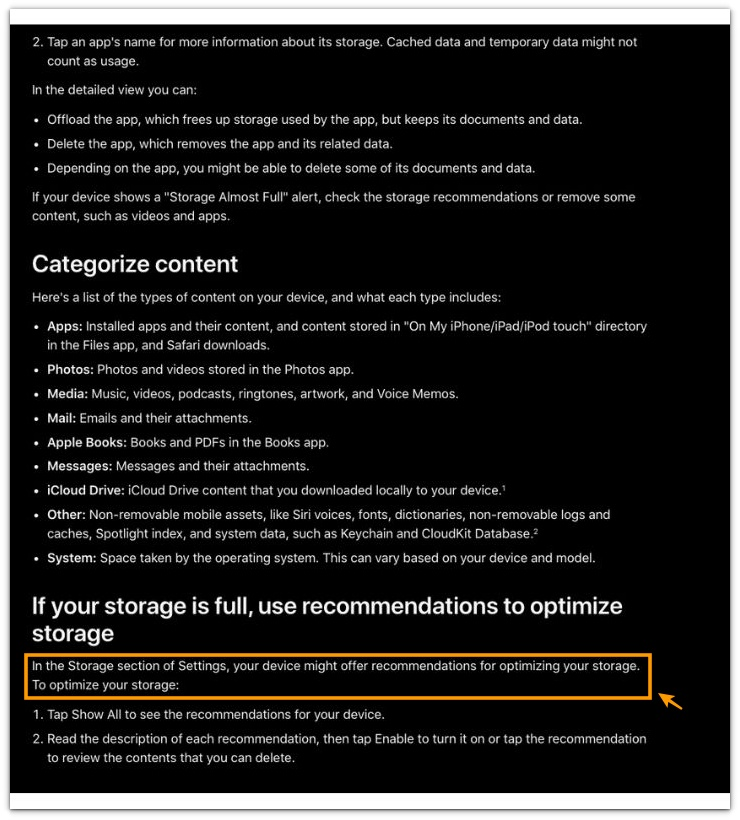 apple support documentation explaining that iphone may offer storage recommendations in settings storage section