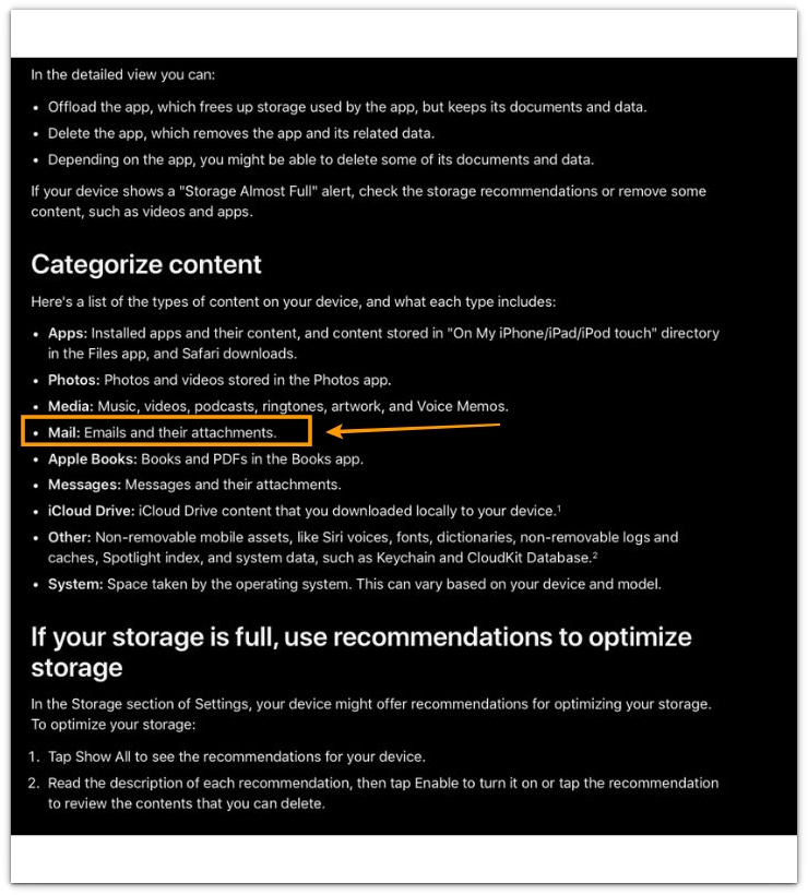 iphone storage categories showing mail includes emails and their attachments in storage allocation structure
