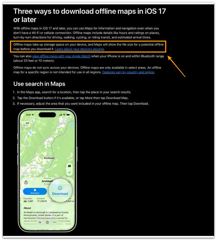 apple maps offline maps documentation explaining that offline maps use device storage space
