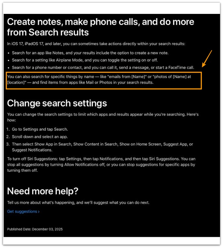 apple spotlight search results showing emails photos and app content searchable through spotlight index