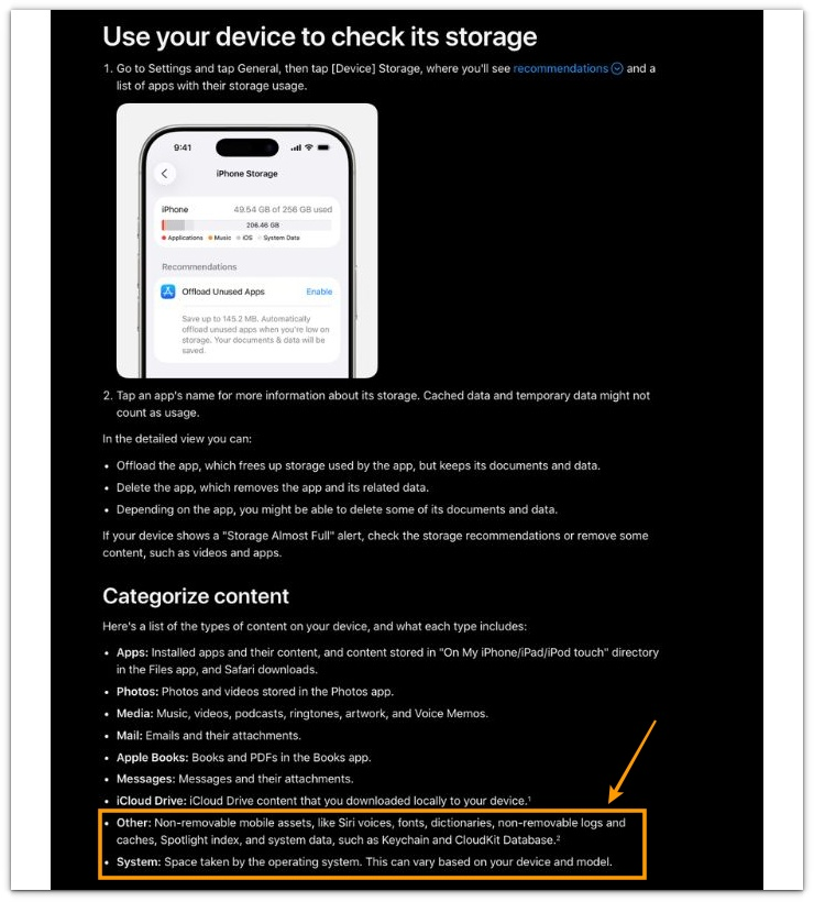 official apple documentation explaining iphone storage categories and system data structure