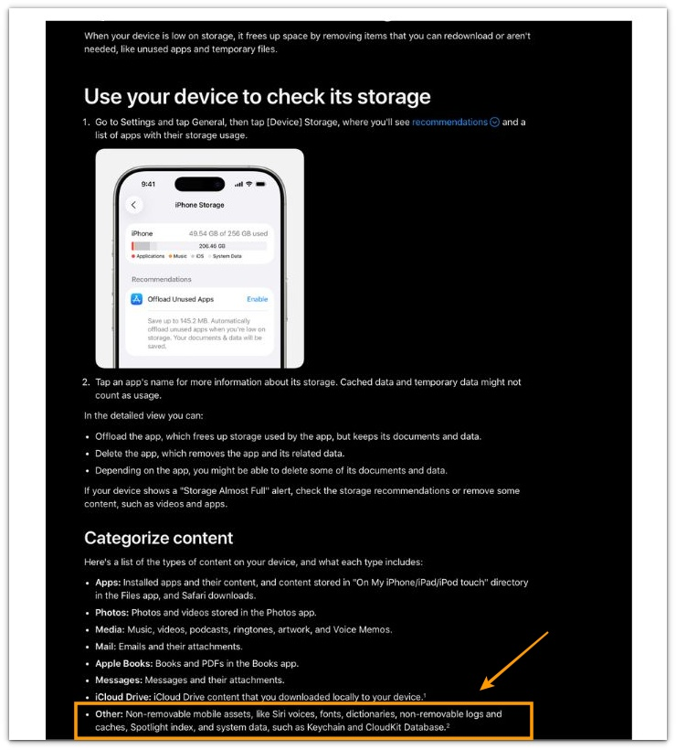 iphone storage system data structure showing cache logs spotlight index and non removable data categories