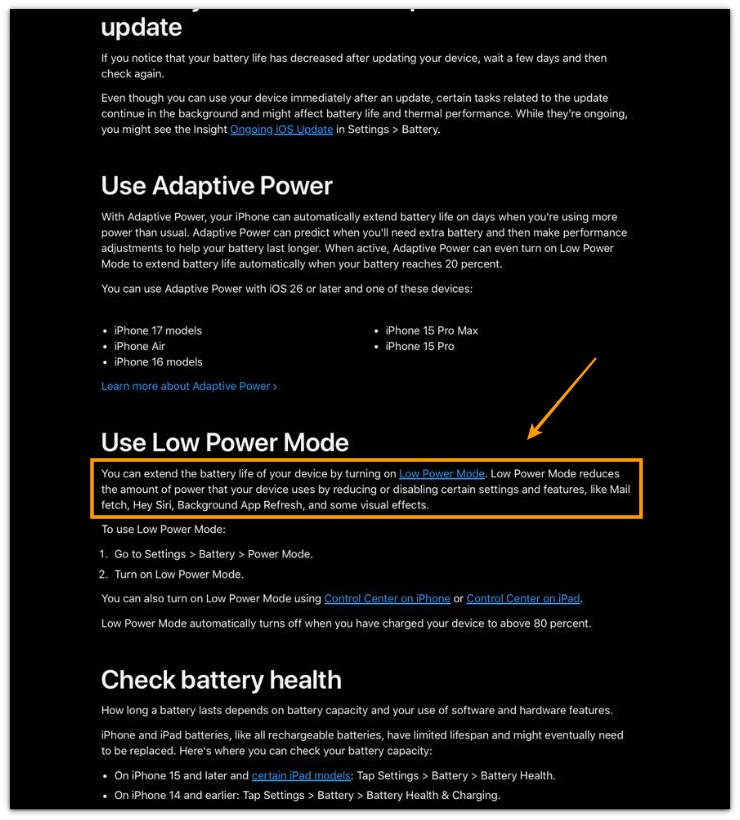 Apple support page showing Low Power Mode reduces Background App Refresh