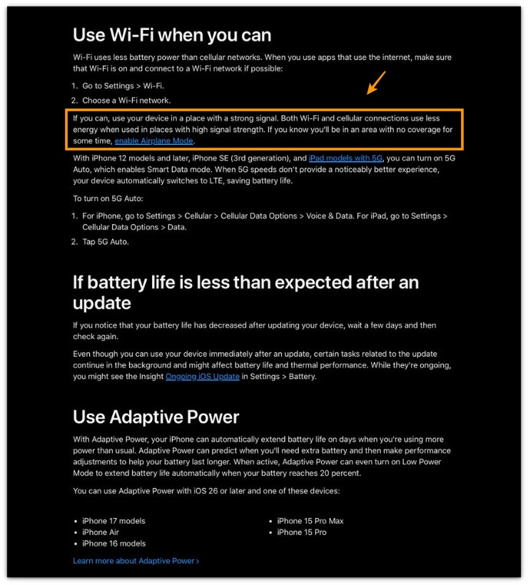 Apple battery settings screen showing the strong signal recommendation for iPhone battery drain weak signal checks.
