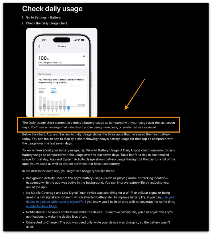 Apple Battery details showing Daily Usage and low signal battery information
