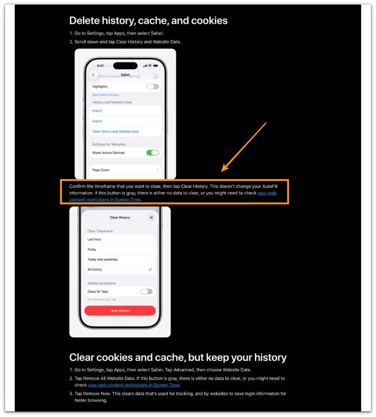 iphone safari clear history and website data screen showing safari history removal does not change autofill information