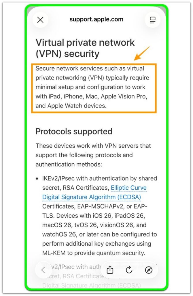 Apple VPN security support page shown on iPhone during an iPhone battery drain with VPN check