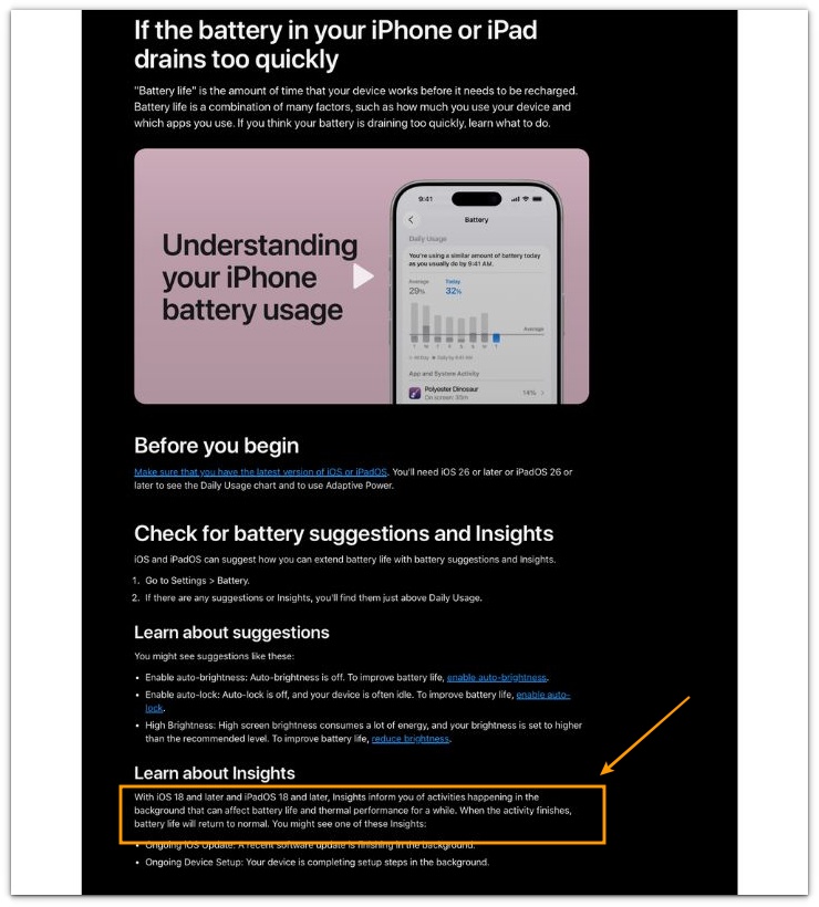 Apple iPhone battery guide showing background activity insight for battery drain when not in use