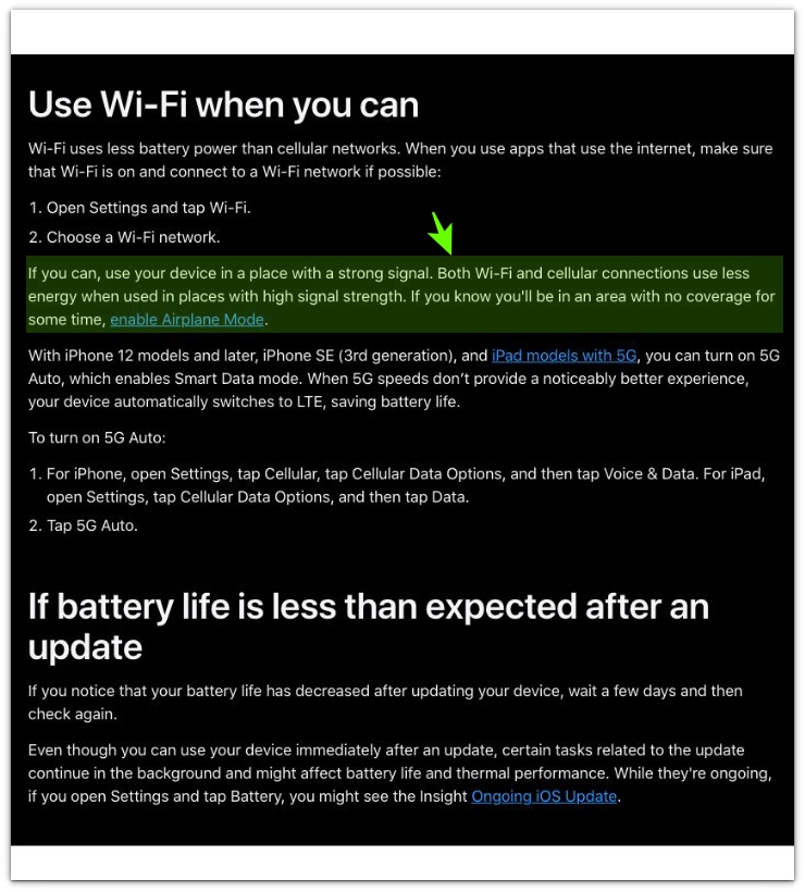 Apple Wi-Fi strong signal battery note for iPhone battery drain wifi on