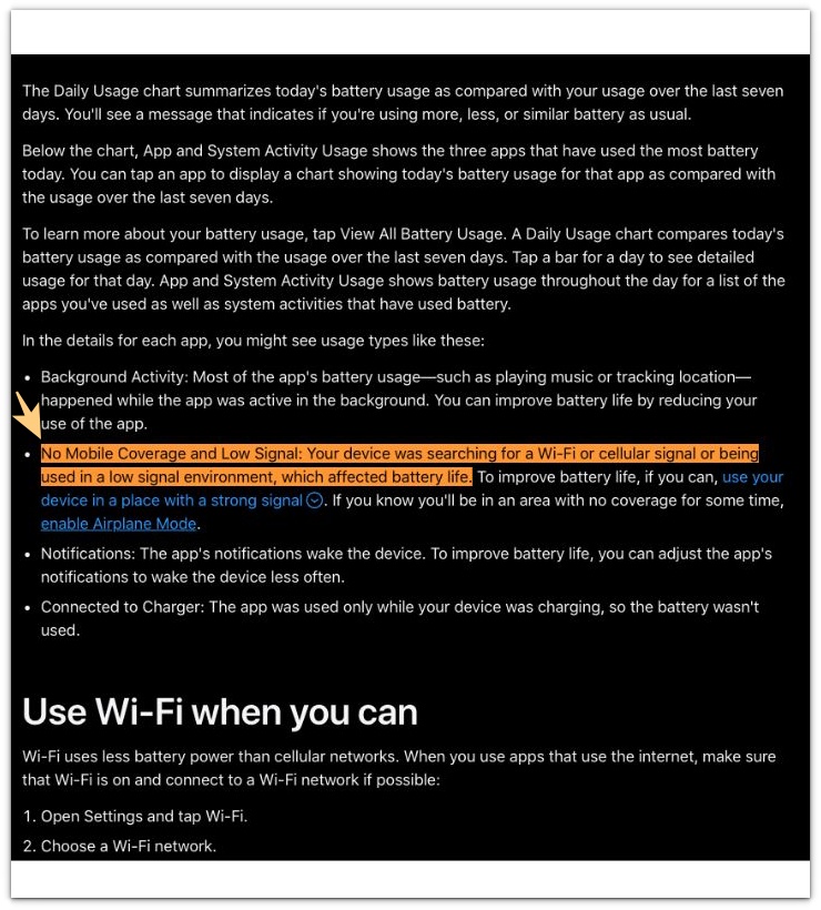 iPhone battery settings showing low signal as a cause of hotspot battery drain