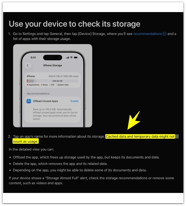 apple support page showing iphone storage and cached temporary data note highlighted under storage details