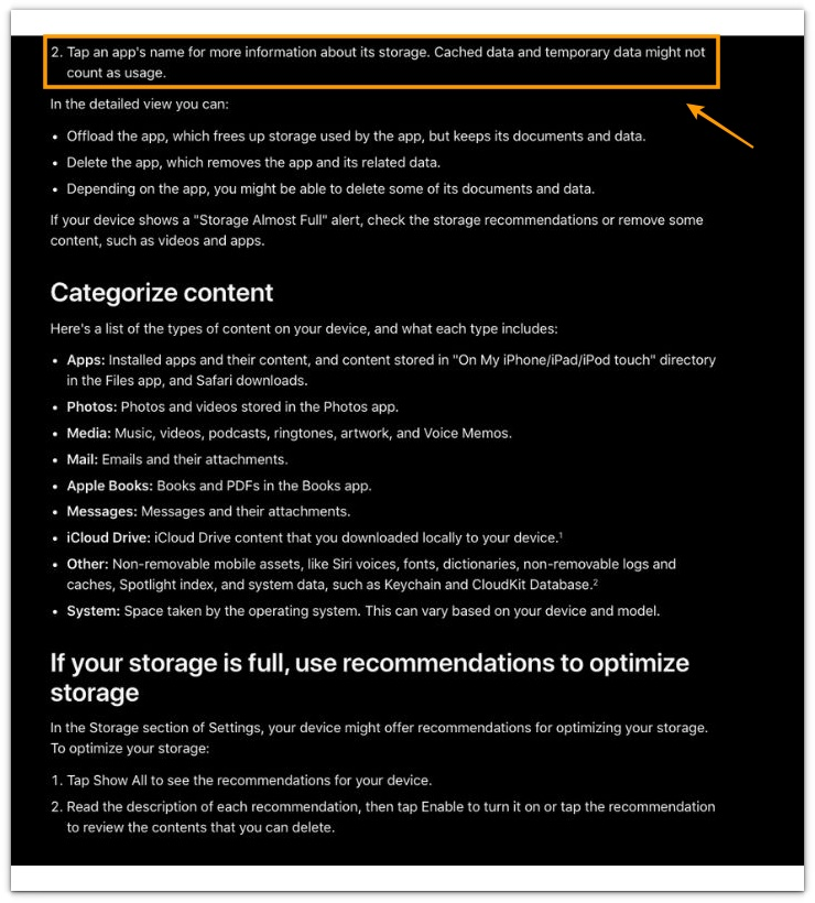 iphone storage reporting structure showing cached and temporary data not always counted in storage usage calculation