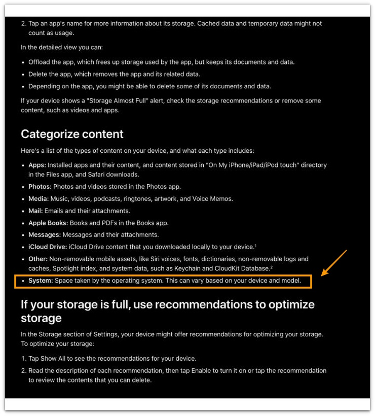 apple support documentation explaining system storage used by the operating system in iphone storage categories