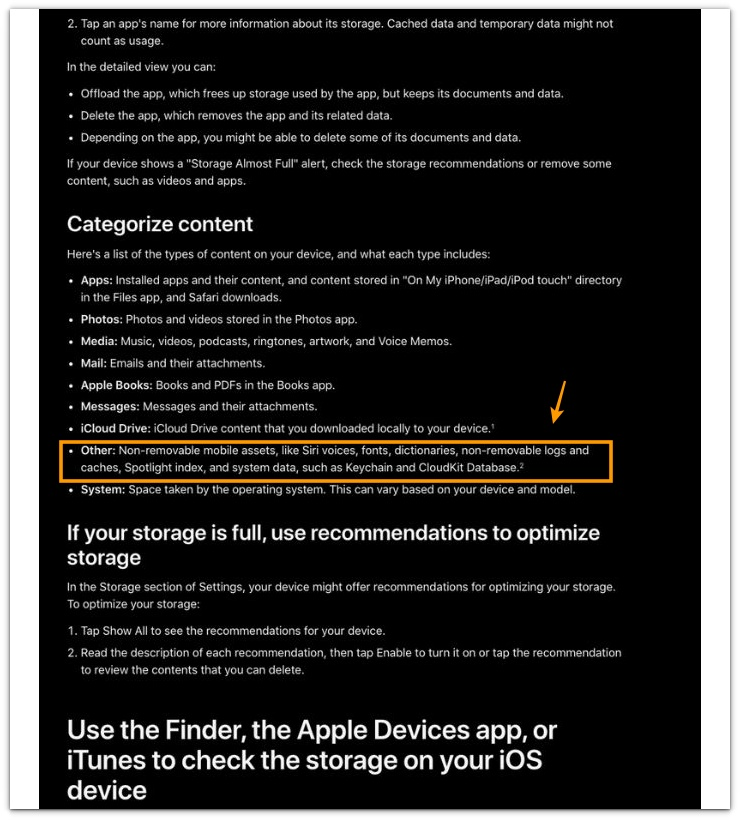 apple support page showing iphone storage categories where the other section includes non-removable logs and caches stored in system storage.