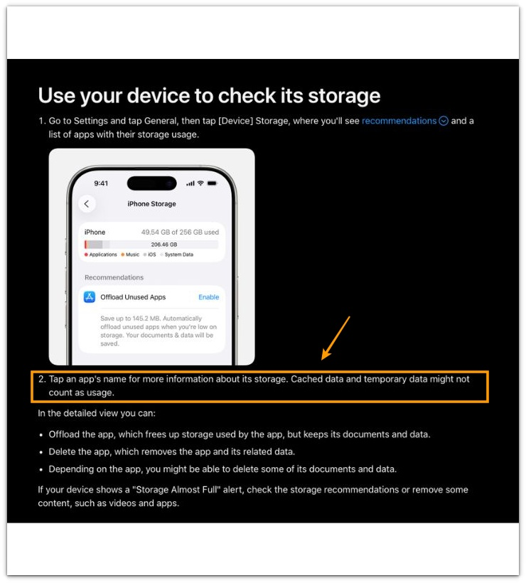 iphone storage settings screen showing storage graph and explanation that cached and temporary data may not count as usage