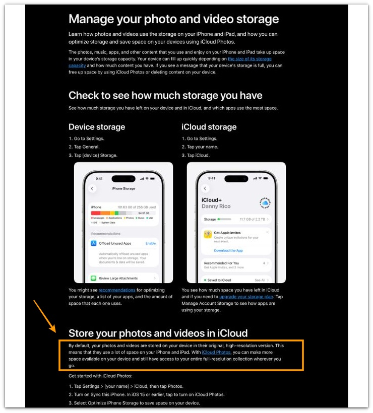 apple support page explaining default local storage of original photos and optimize iphone storage structure under icloud photos