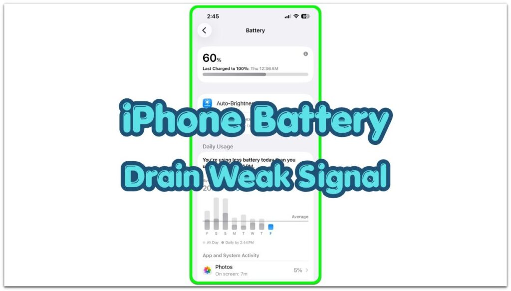 iPhone battery drain weak signal thumbnail showing the Battery screen with a weak signal battery drain title.