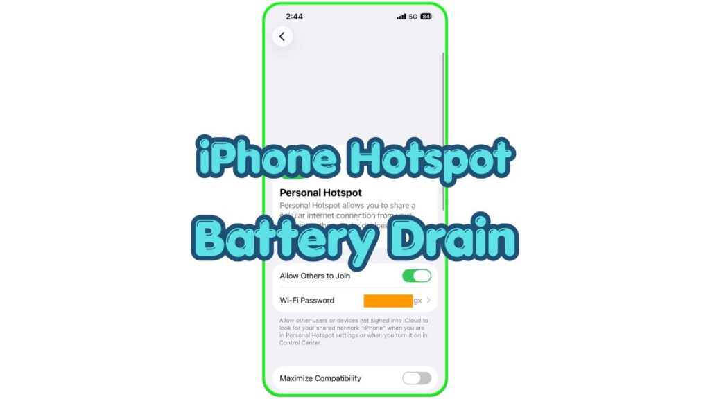 iPhone Personal Hotspot battery drain screen showing active hotspot sharing on iPhone settings screen
