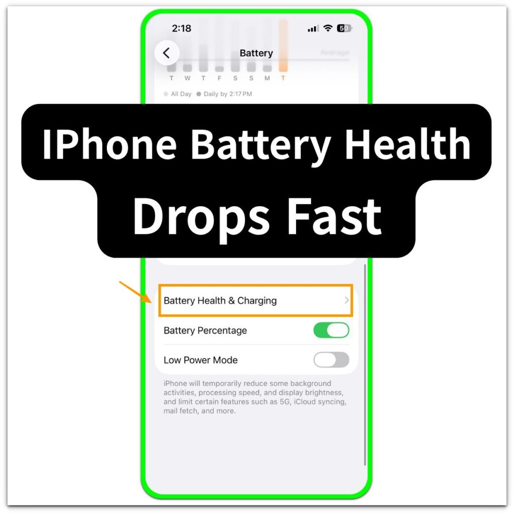 iphone battery health drops fast thumbnail showing the battery settings screen with the battery health and charging menu highlighted
