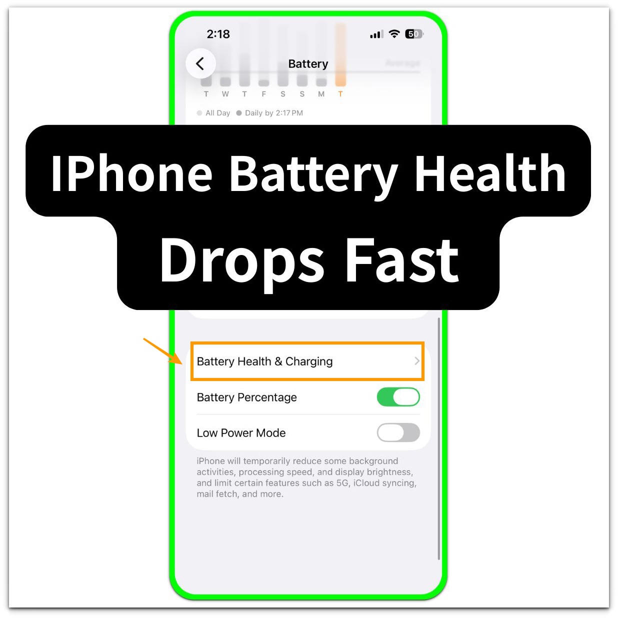 iphone battery health drops fast thumbnail showing the battery settings screen with the battery health and charging menu highlighted