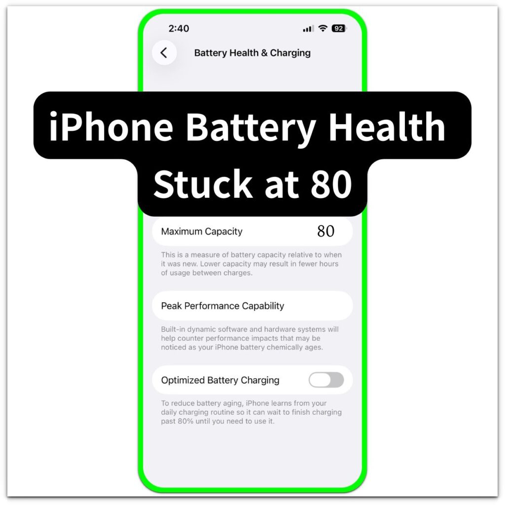 iphone battery health stuck at 80 battery health and charging screen with maximum capacity at 80