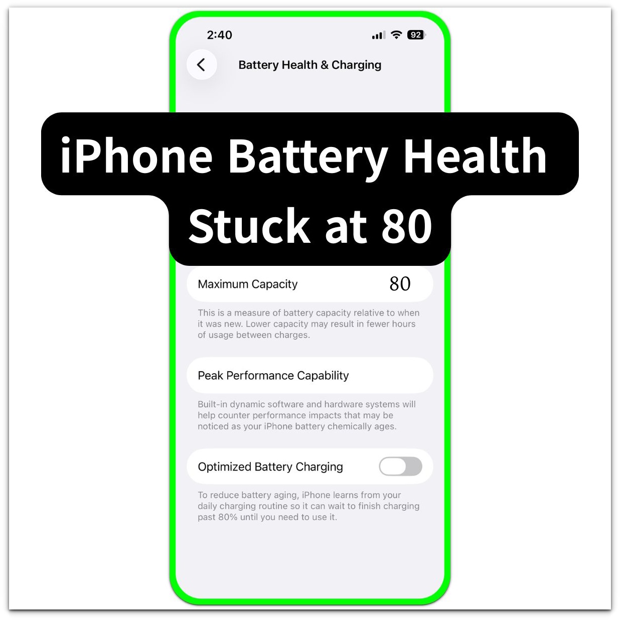 iphone battery health stuck at 80 battery health and charging screen with maximum capacity at 80