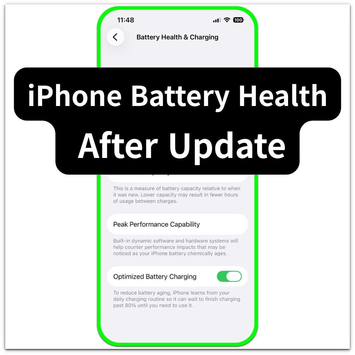 iphone battery health after update thumbnail showing battery health and charging screen with large text overlay