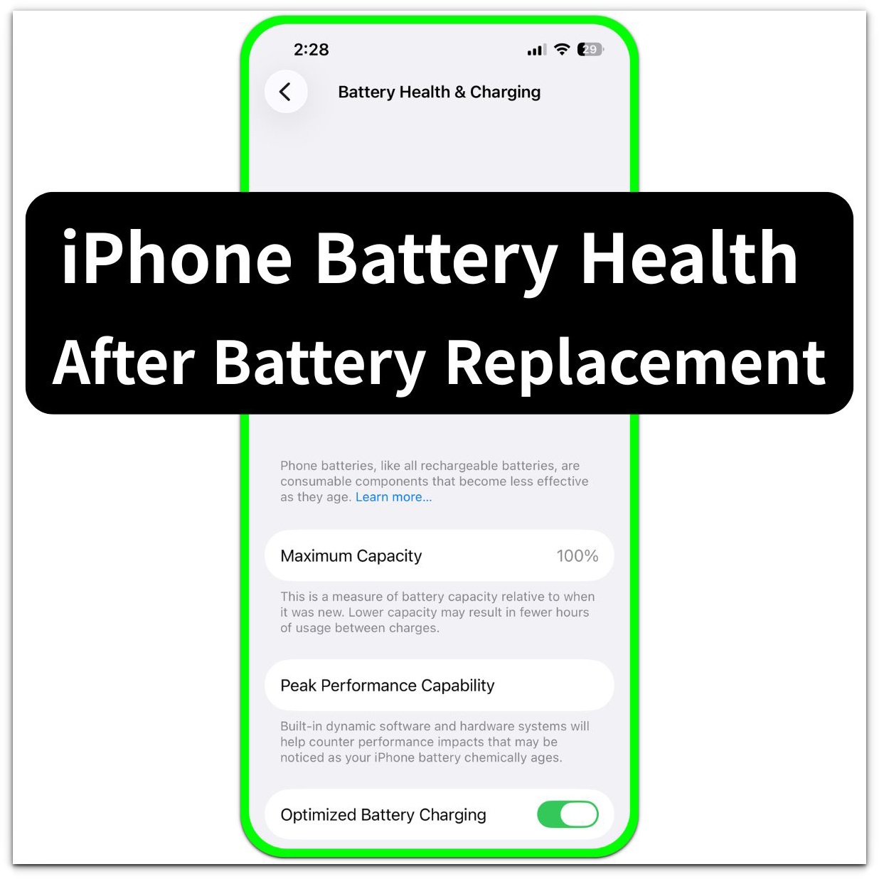 iphone battery health after battery replacement thumbnail showing battery health and charging screen on iphone