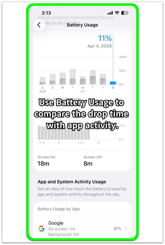 icloud battery usage screen showing battery drop timing