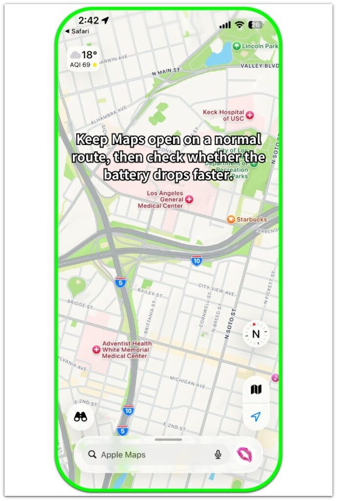 apple maps normal route battery check
