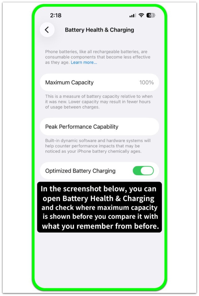 battery health and charging screen showing the maximum capacity section