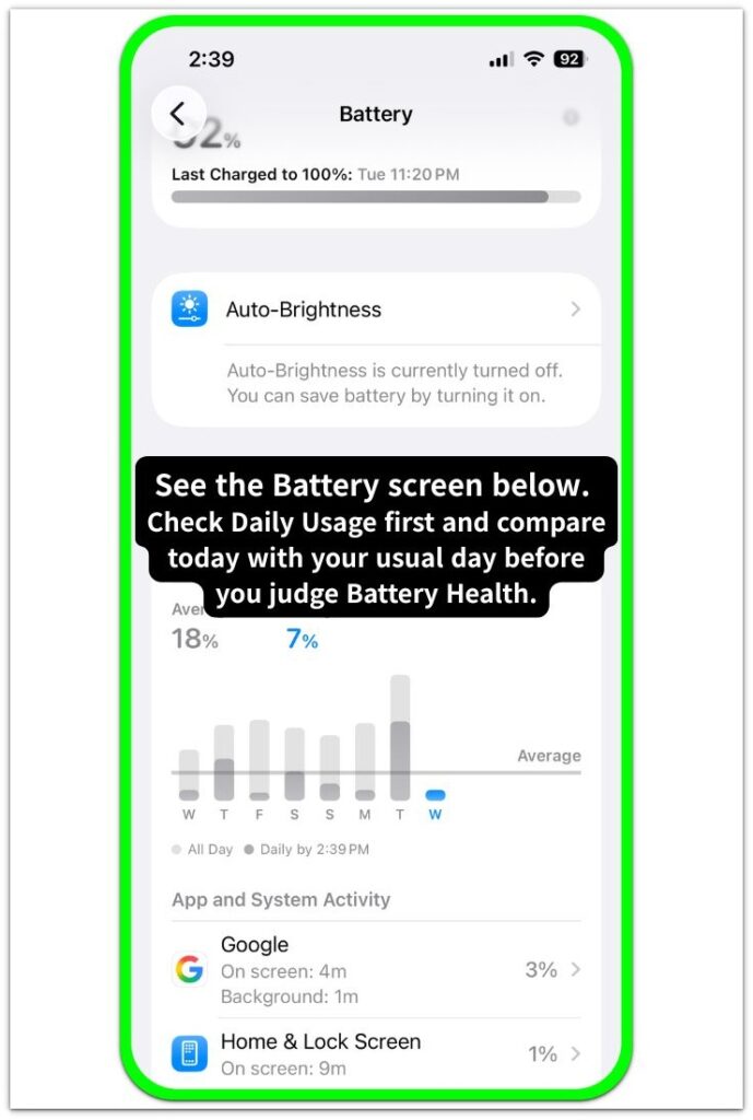 iphone battery screen with daily usage comparison and app activity list