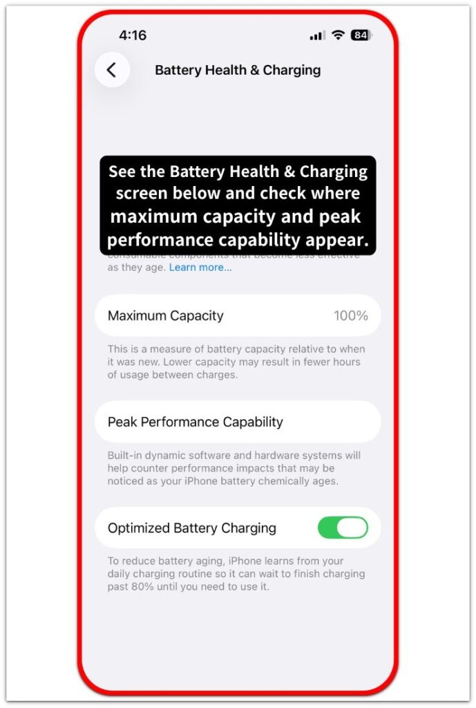 iphone battery health & charging screen with maximum capacity and peak performance capability