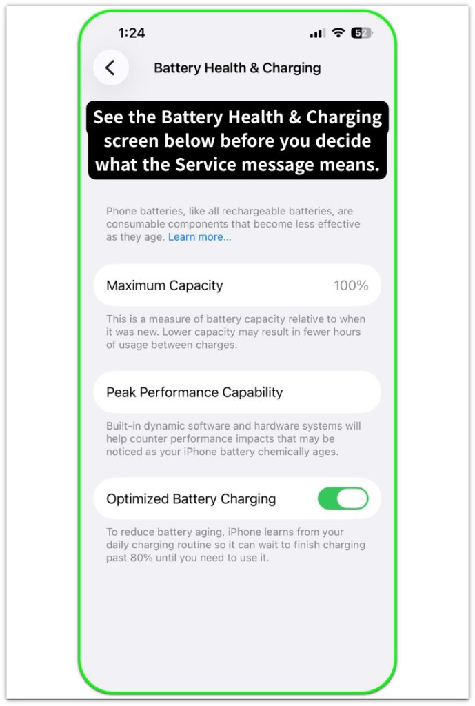 iphone battery health says service battery health and charging screen structure