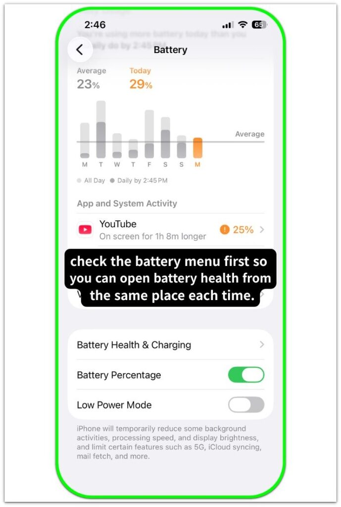 iphone battery settings screen showing battery health and charging menu entry