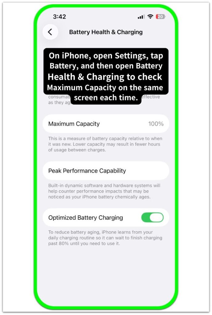 iphone battery health and charging screen showing maximum capacity
