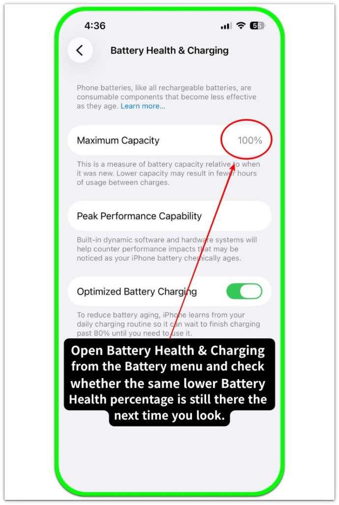 iphone battery health percentage check on battery health and charging screen