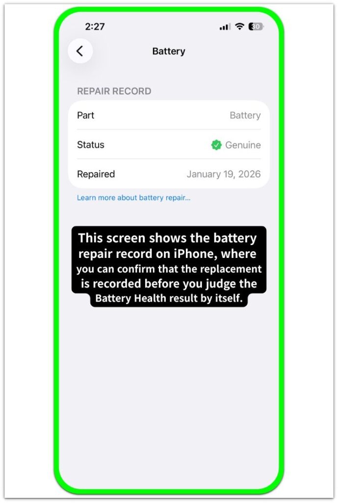 iphone battery repair record screen showing replacement record and genuine battery status