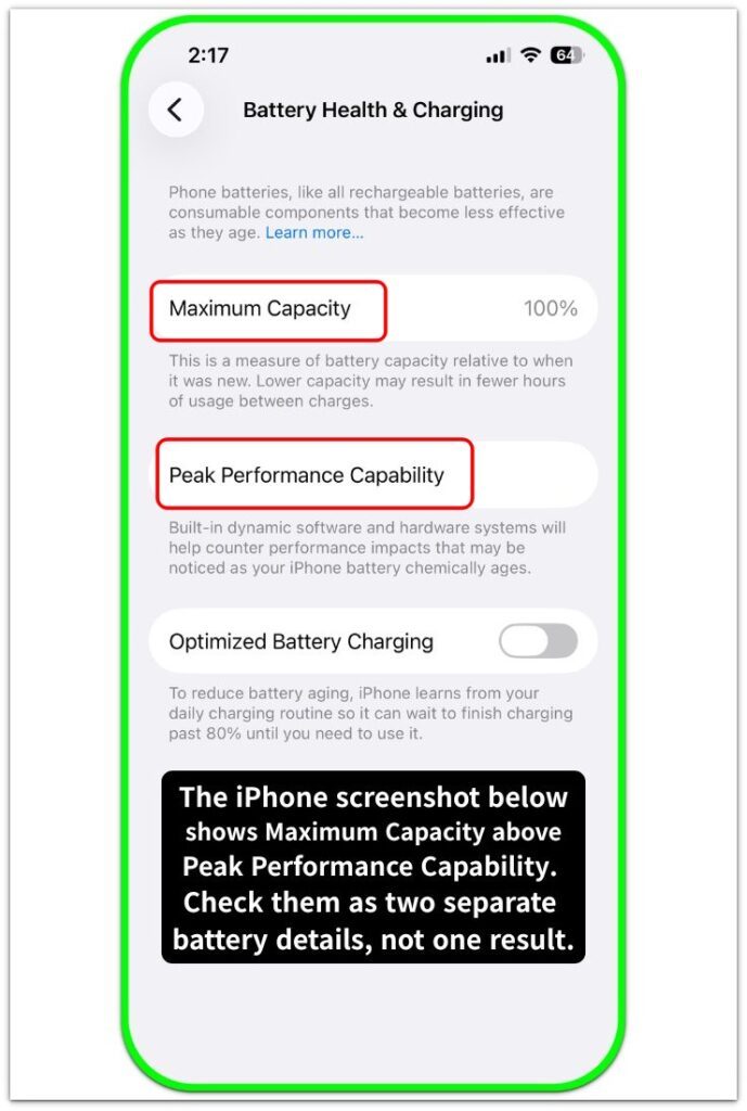 iphone battery health screen showing maximum capacity above peak performance capability