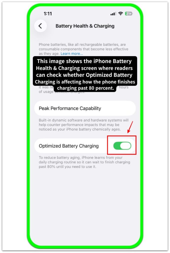 iphone battery health and charging screen showing optimized battery charging setting