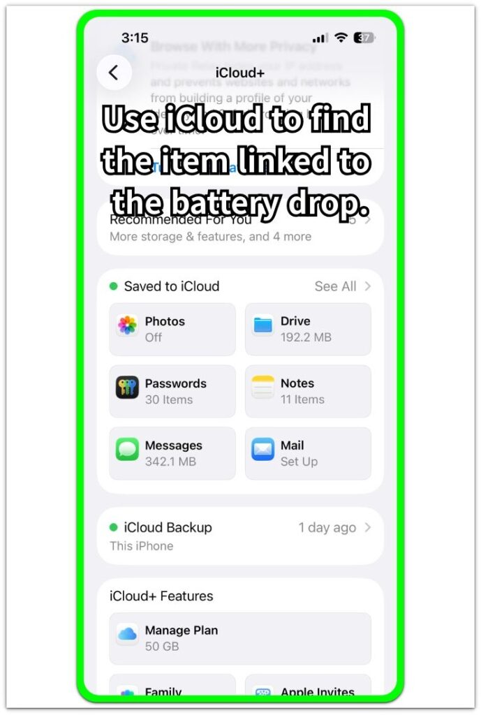 icloud settings screen showing battery-related sync items