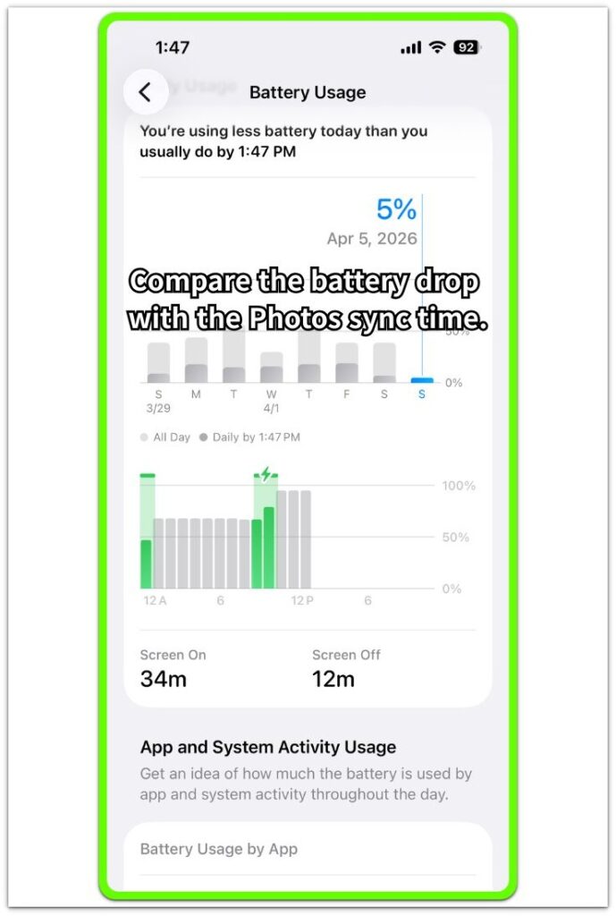 iphone photos sync battery drain battery usage screen comparing drop with photos sync time