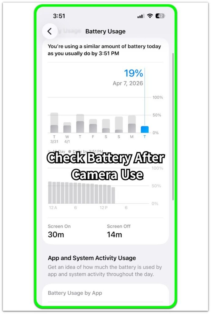 iphone battery usage screen after camera use
