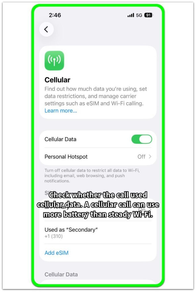 facetime cellular data battery usage check on iphone