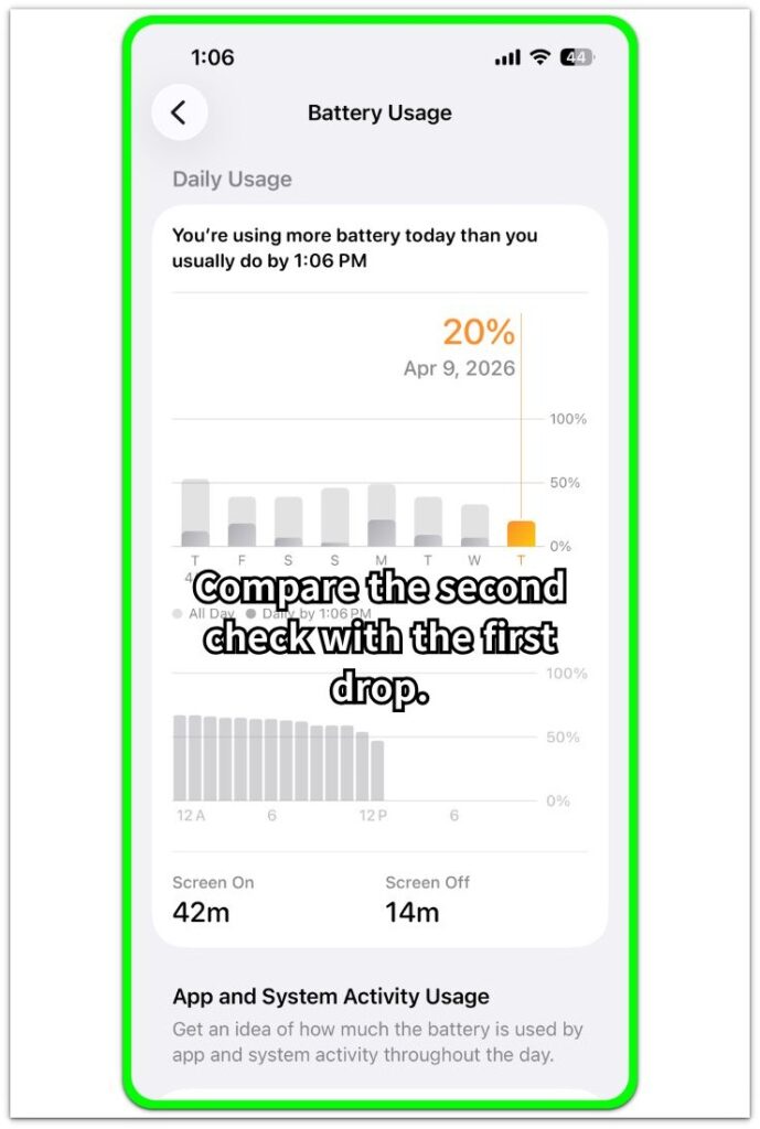 iphone battery usage screen comparing battery drain after restart