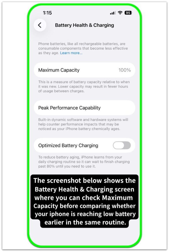 iphone battery health and charging screen screenshot with maximum capacity and optimized battery charging sections
