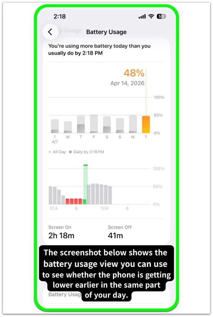 battery usage screen showing the daily battery level view