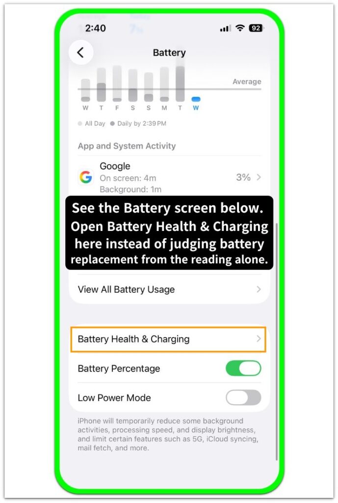 iphone battery screen with battery health and charging option highlighted
