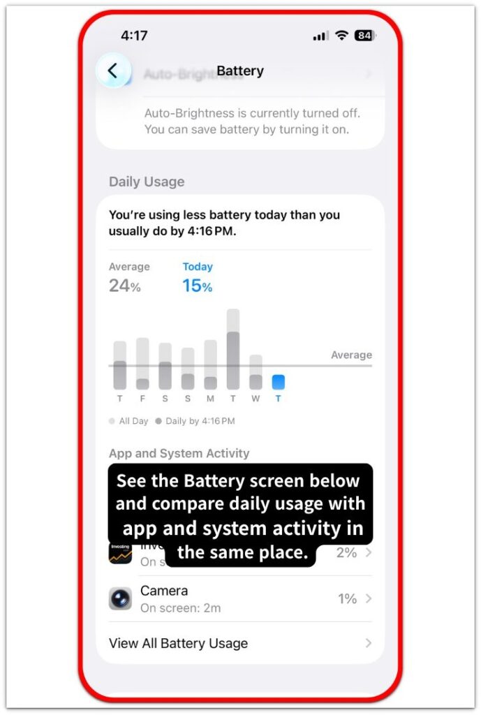 iphone battery screen with daily usage chart and app and system activity list
